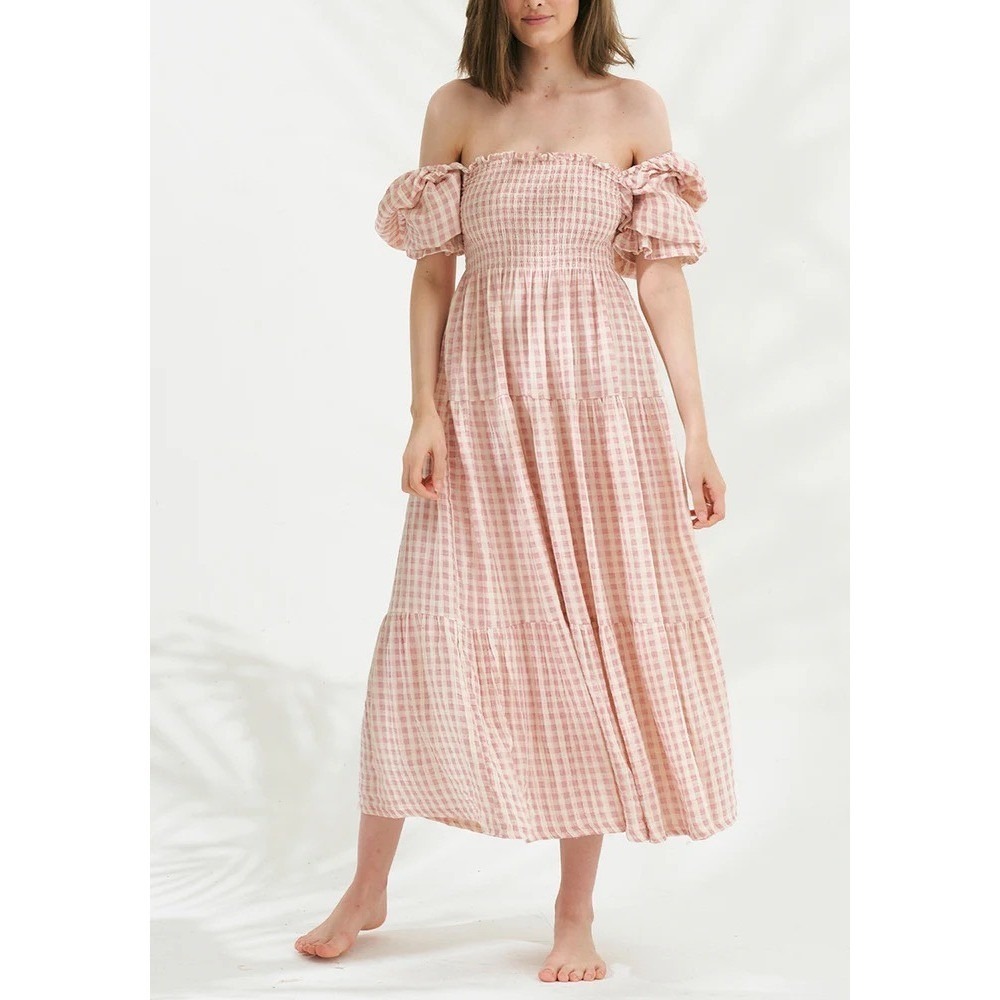 NothingFitsBut Kiko M Rose Gingham Midi Maxi Dress Smocked Puff Sleeve